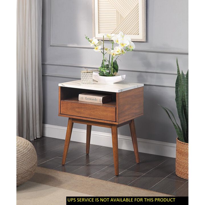 Walnut Finish 1 Piece End Table With Faux Marble And Drawer Shelf Living Room Furniture Side Table