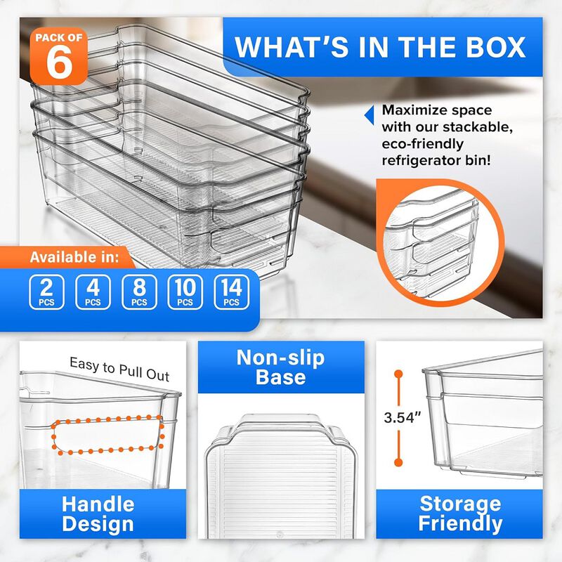 Lifemaster Multi-Purpose Refrigerator Bins - 6 Pieces Usable And Stackable Design Fridge Bin Organizer With Easy Grip Handles - Clear
