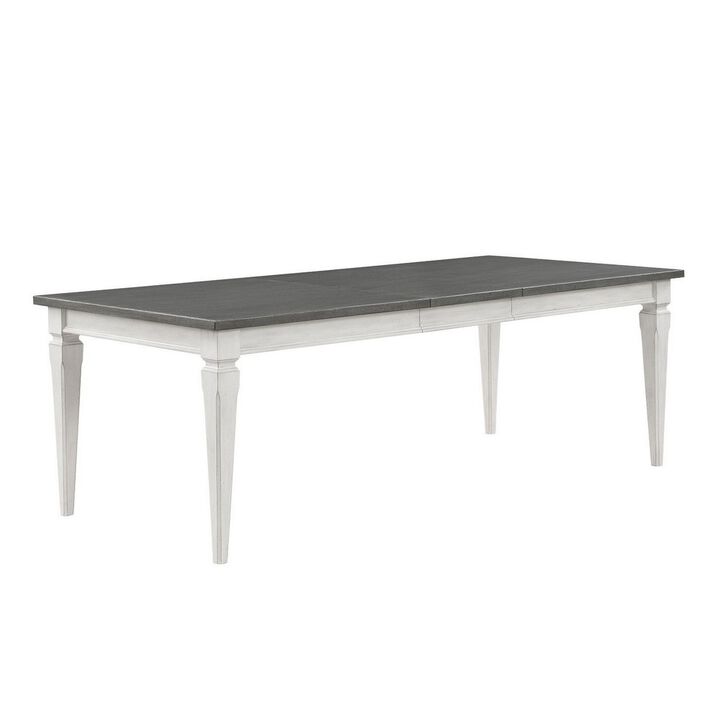 Kate 72-90 Inch Dining Table, Gray Extendable Rectangular Top, White Wood - Benzara