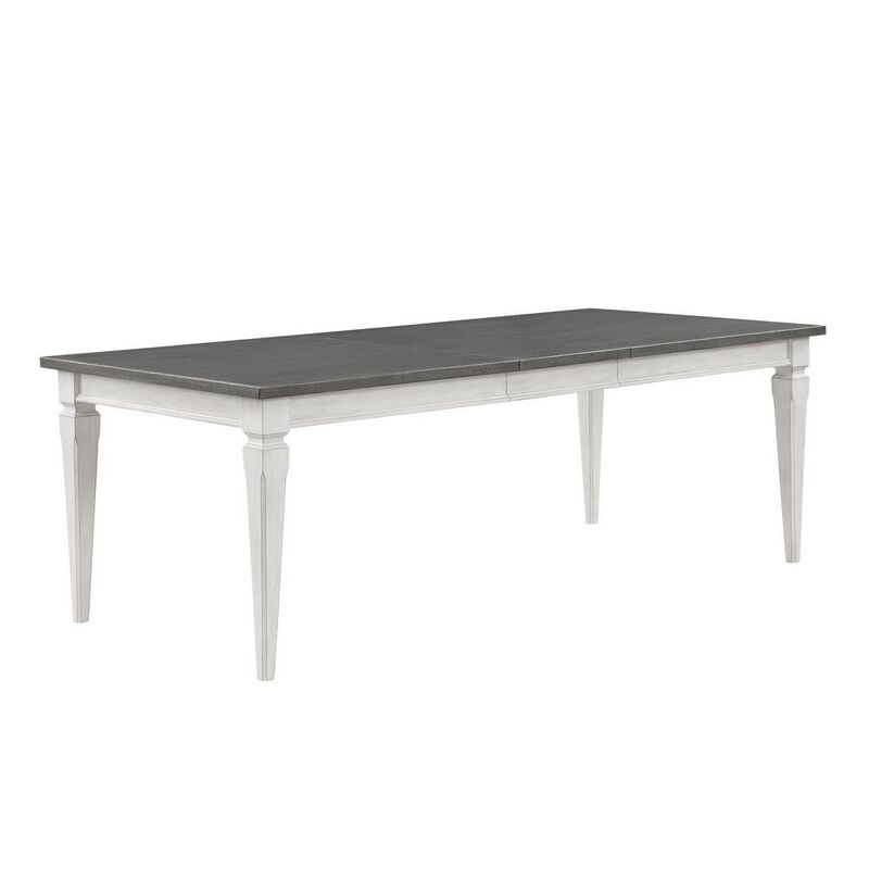 Kate 72-90 Inch Dining Table, Gray Extendable Rectangular Top, White Wood - Benzara