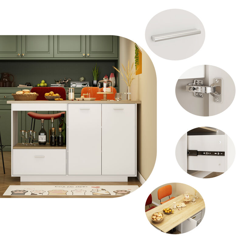White/Oak Wood 59.1 in. W Kitchen Island Dining Table With Adjustable Shelves and Drawer