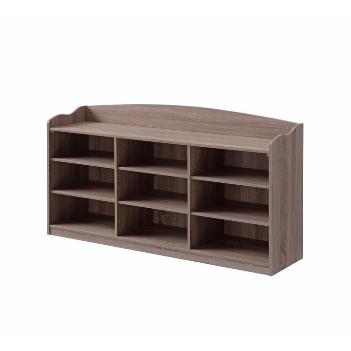 Hale Shoe Bench, 48 Inch Top, 9 Open Compartments, Taupe Brown Finish - Benzara