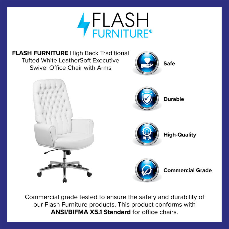 Rochelle High Back Traditional Tufted White LeatherSoft Executive Swivel Office Chair with Arms