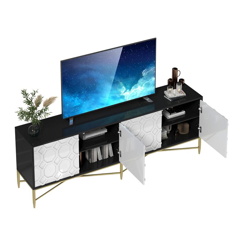 MONDAWE Modern Black and White Color Scheme Press Design 4 Door Cabinet, Living Room TV Stand