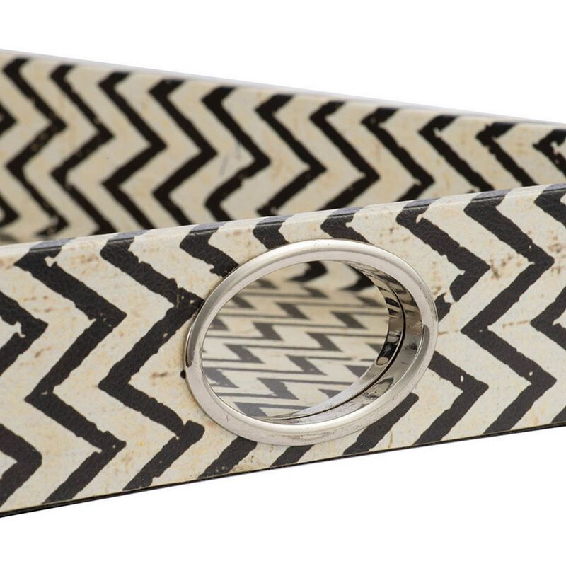 25 Inch Decorative, Black White Wood Trays, Art Deco Geometric, Set of 2 - Benzara