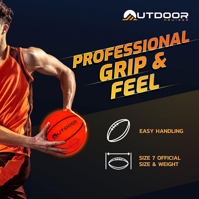 Outdoor Cruiser Light Up Basketball - Waterproof Rubber Construction, Glow in the Dark, Glows Up to 30 Hrs with Tap Activation, Complete Set with Pump & Spare Batteries, Official Size 7, For Ages 8-15