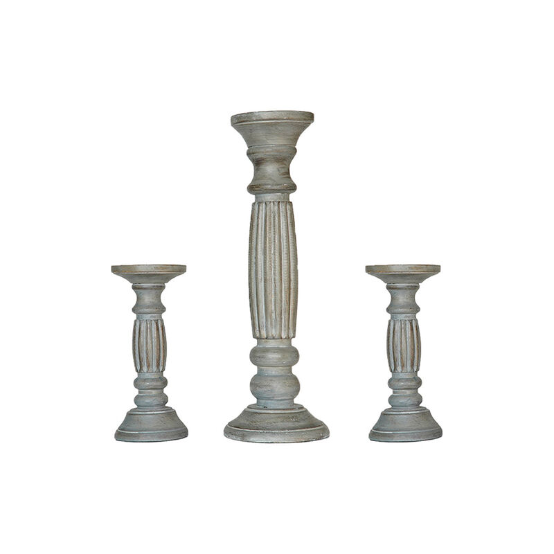 Traditional Antique Dusk Eco-friendly Handmade Mango Wood Set Of Three 9",12" & 15" Pillar Candle Holder