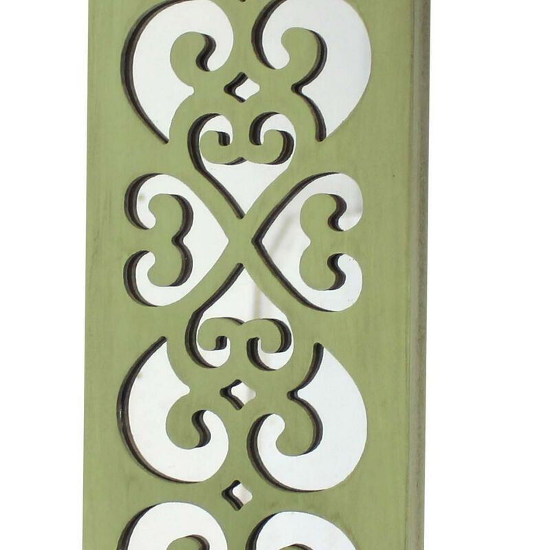 Quatrefoil Pattern Wooden Candle holder with Mirror Insert, Green - Benzara
