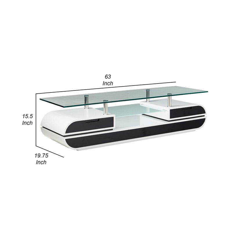 63 Inch TV Entertainment Console, Glass Top, Chrome Posts, Black, White - Benzara