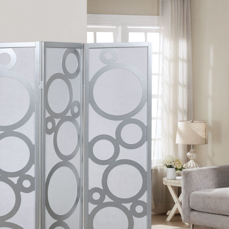 Streamdale 4-Panel Wood Room Divider with Circle Pattern, Silver
