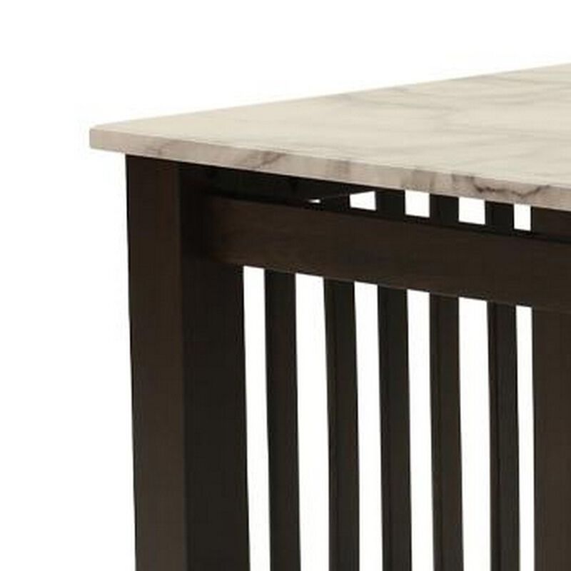 Moen 21 Inch Side End Table, White Faux Marble, Bottom Shelf, Black Wood - Benzara