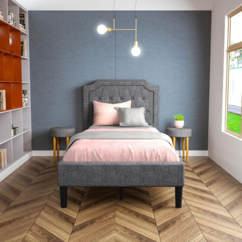 Hivvago Linen Twin Upholstered Platform Bed with Frame Headboard Mattress Foundation