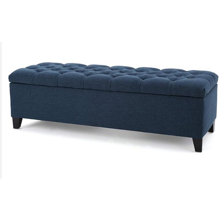Elias Storage Bench, 51 Inch Button Tufted Blue Velvet, Solid Wood - Benzara