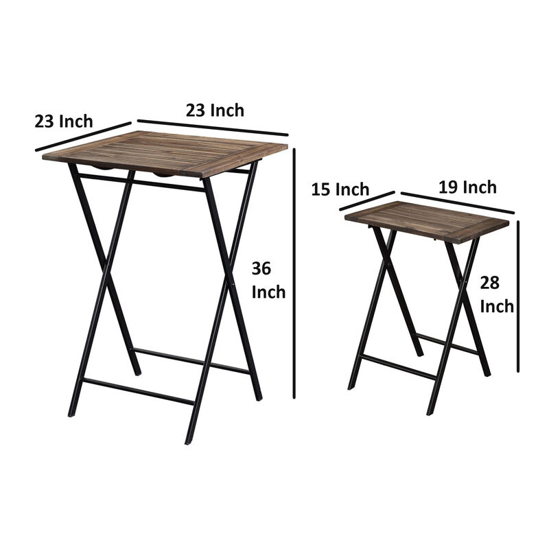 3 Piece Foldable Wood and Metal Dining Set with X Frame Leg,Brown and Black-Benzara