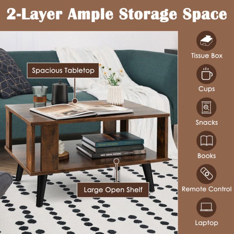 Hivvago Compact Retro Mid-Century Coffee Table with Storage Open Shelf-Rustic Brown