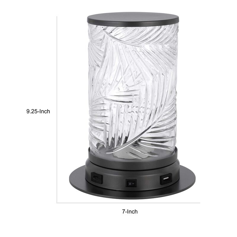 Hem 9 Inch Accent Lamp, LED, Leaf Pattern Glass Shade, Gray Metal Finish - Benzara