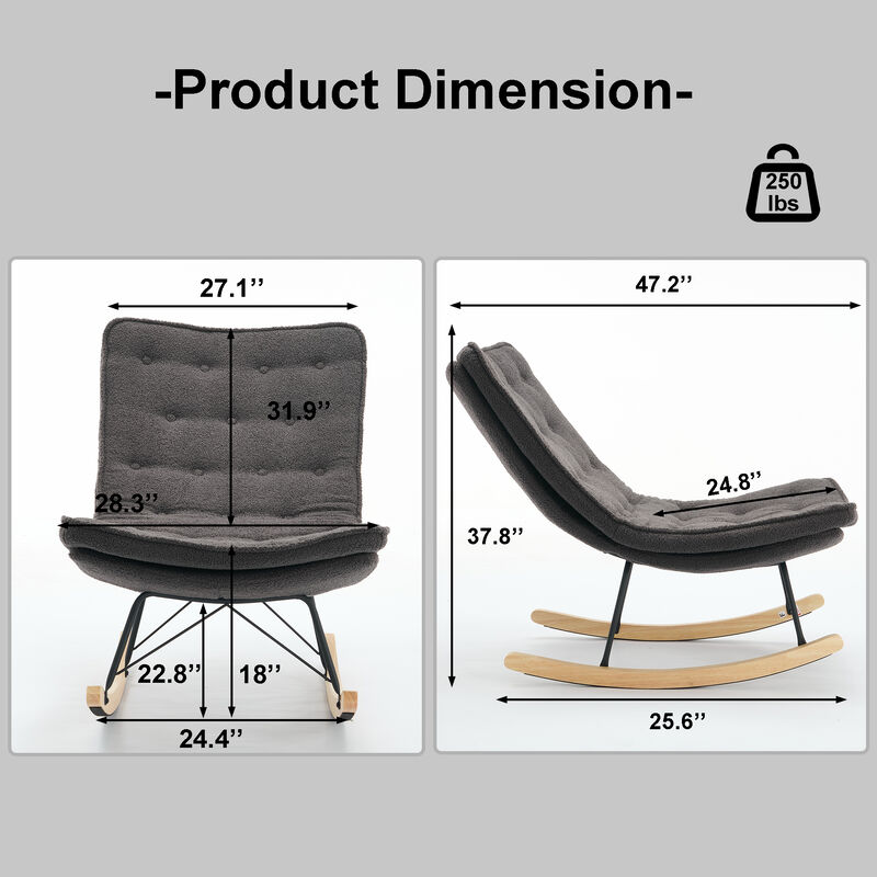 Ergonomic Wood Base Rocking Chair: Upholstered Armless Design for Relaxation GREY