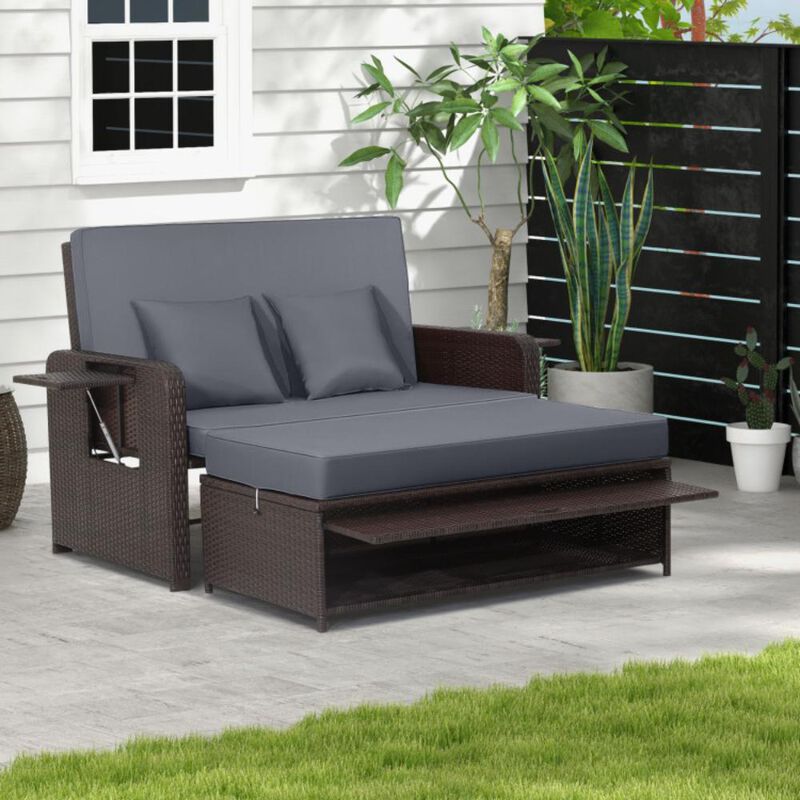 Hivvago Patio Rattan Daybed with 4-Level Adjustable Backrest and Retractable Side Tray