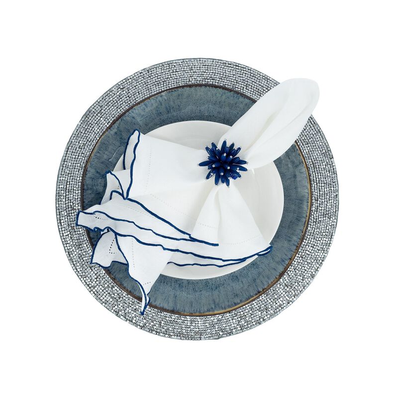 Linen Napkins With Navy Ruffled Hemstitch Edges, Set of 4