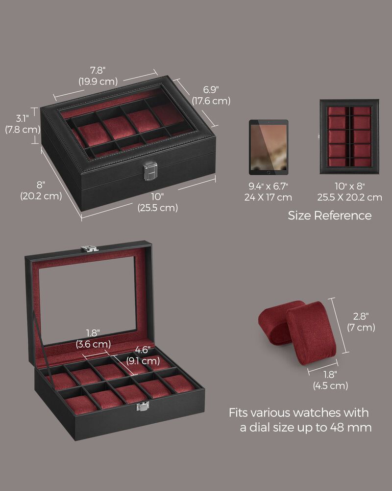 10-Slot Box with Glass Lid Jewelry Holder Case with Removable Pillow
