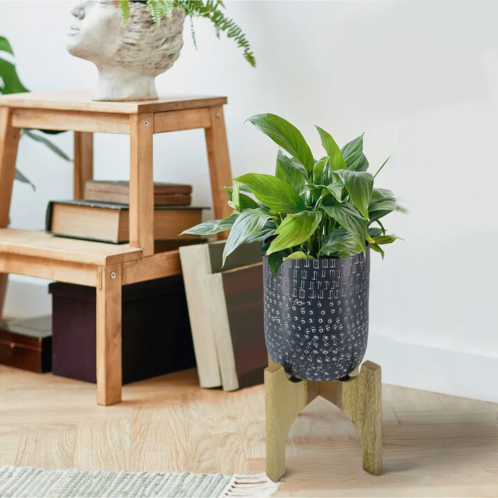 Alex 8 Inch Artisanal Industrial Round Hammered Metal Planter Pot with Wood Arch Stand, Midnight Blue-Benzara