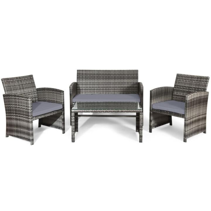 Hivvago 4 Pieces Patio Rattan Furniture Set with Glass Table and Loveseat