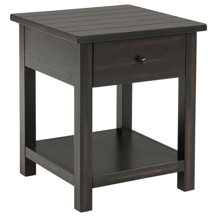 Ayne Side End Table, 1 Shelf, 1 Drawer, Black Wood, Square 20 Inch - Benzara