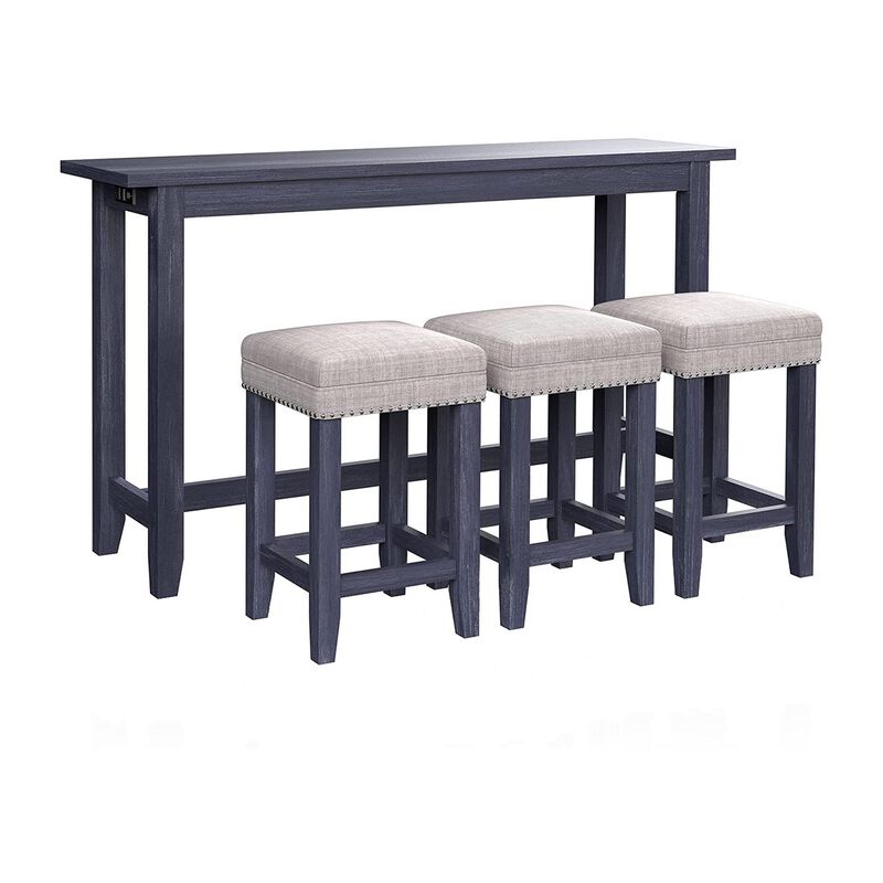 Eala 4 Piece Counter Height Table and Stool Set, Blue Wood, Gray Fabric-Benzara