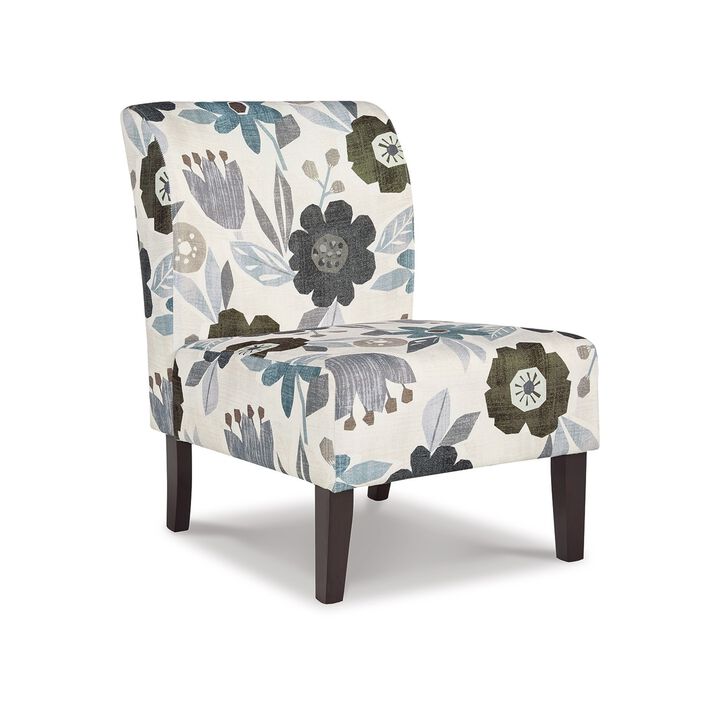 Rima Accent Chair, Ivory Gray Floral Pattern Polyester Cushion, Black Wood - Benzara