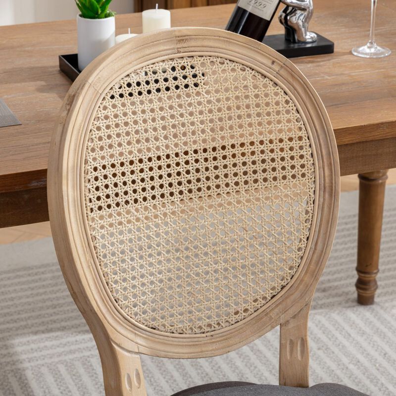 French Style Solid Wood Frame Antique Painting Linen Fabric Rattan Back Dining Chair, Set Of 2, Gray