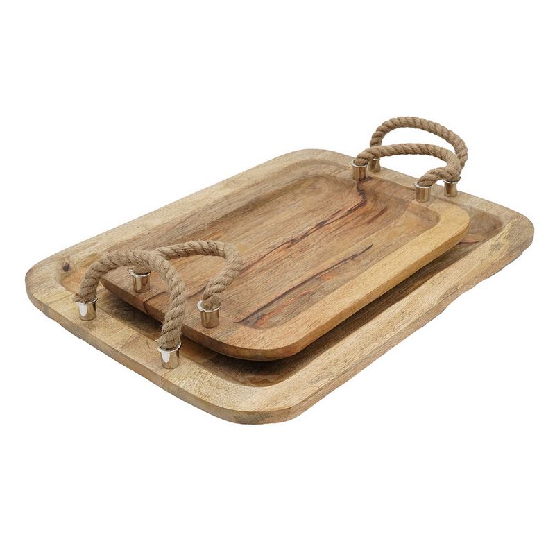 Set of 2 Mango Wood Trays, Twisted Jute Handles, Rustic Brown Texturing - Benzara
