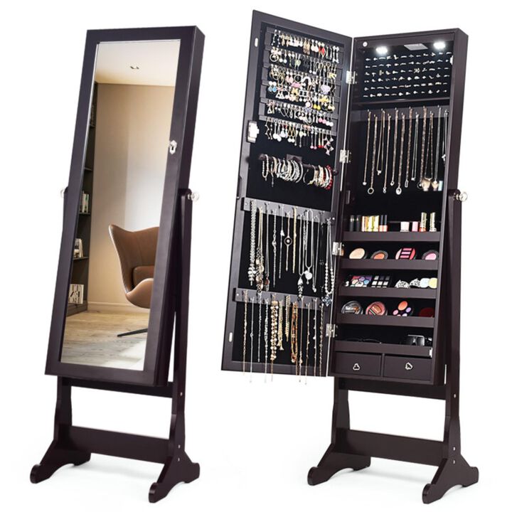 Hivvago Lockable Mirrored Jewelry Cabinet with Stand and Led Lights-Brown