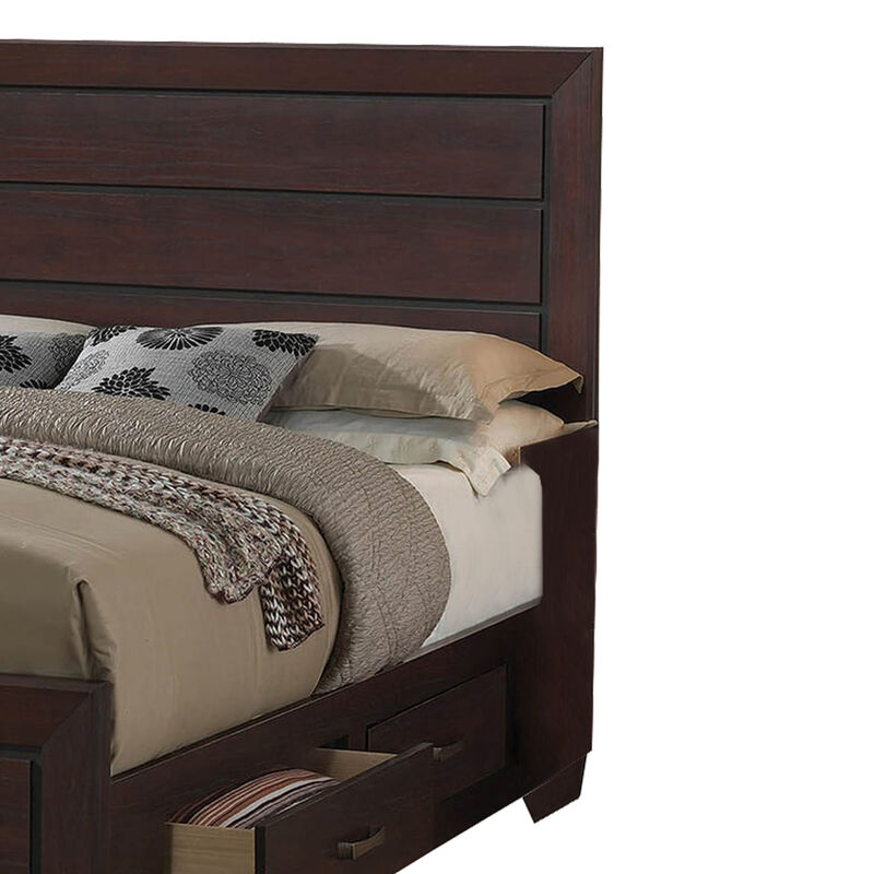 Wooden Queen Size Bed with 4 Spacious Side Rail Drawers, Dark Brown-Benzara