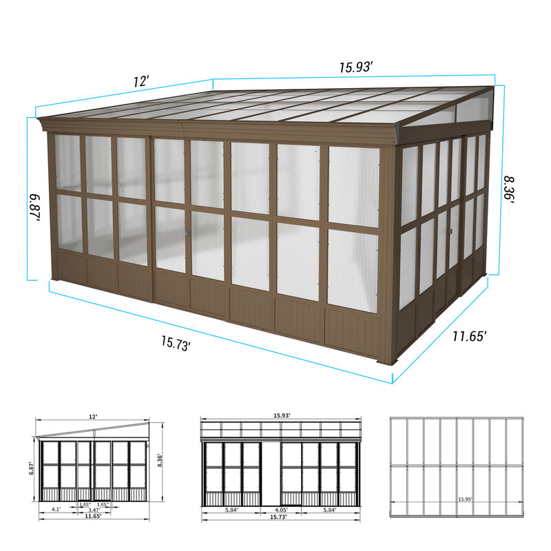 MONDAWE Aluminum Lean to Sunroom 12x16FT, Wall Mounted Solarium with Sloping Polycarbonate Roof and Screens, 2 Lockable Sliding Doors