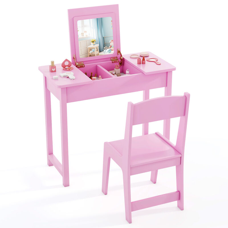 2-in-1 Kids Vanity Makeup Table and Chair Set with Flip Top Mirror