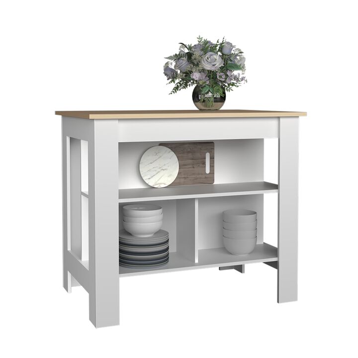 Delos Kitchen Island 35.4" H, with 3 Shelves, White / Mahogany