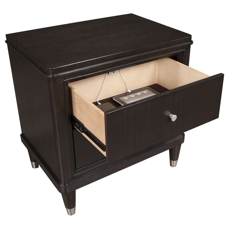 Amber Nightstand, 2 Drawers, Round Metal Knobs, Tapered Legs, Brown Wood - Benzara