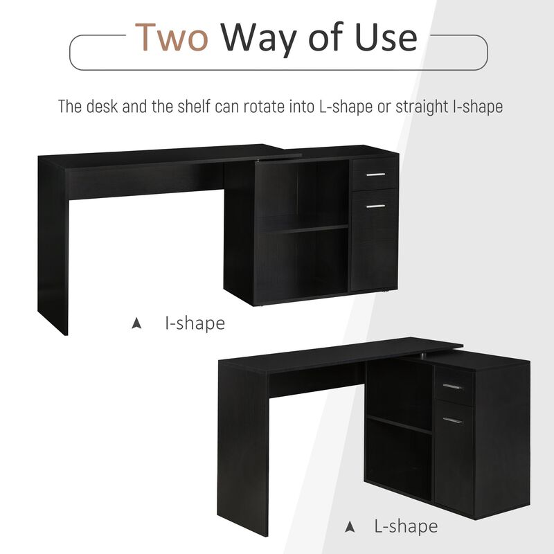 Black L-Shaped Desk: Corner Workstation, Rotating Shelves, Drawer