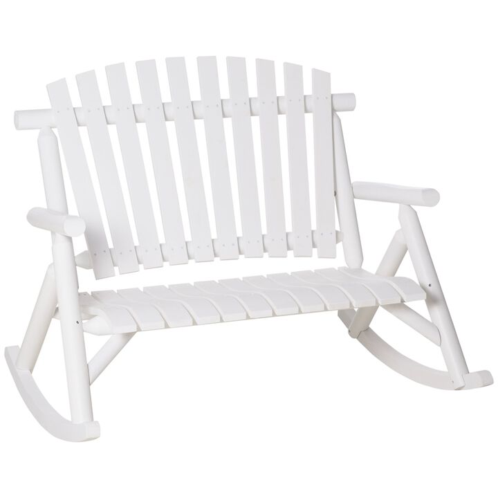 White Garden Duo: 2-Person Wooden Rocking Bench with Slatted Design