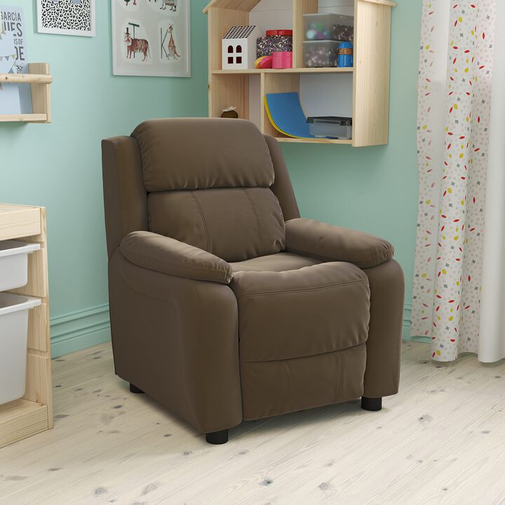 Flash Furniture Charlie Microfiber Kids Recliner with Flip-Up Storage Arms and Safety Recline, Contemporary Reclining Chair for Kids, Supports up to 90 lbs., Brown