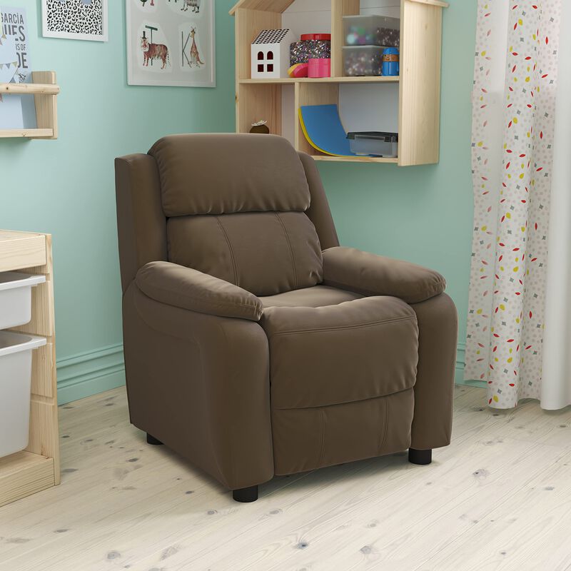 Flash Furniture Charlie Microfiber Kids Recliner with Flip-Up Storage Arms and Safety Recline, Contemporary Reclining Chair for Kids, Supports up to 90 lbs., Brown