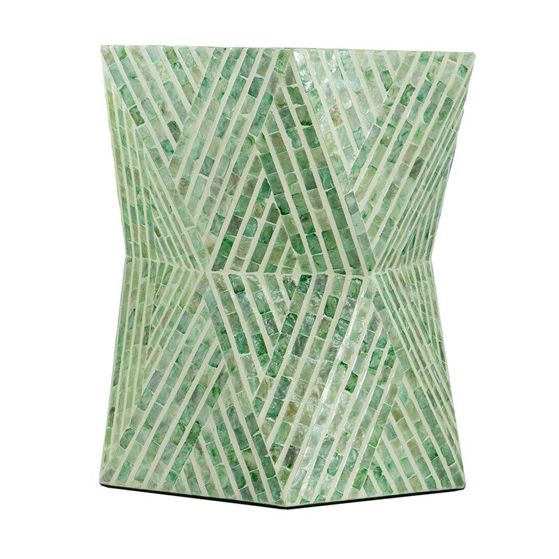 20 Inch Stool Table, Capiz Shell Inlay, Hexagonal Geometric Design, Green - Benzara
