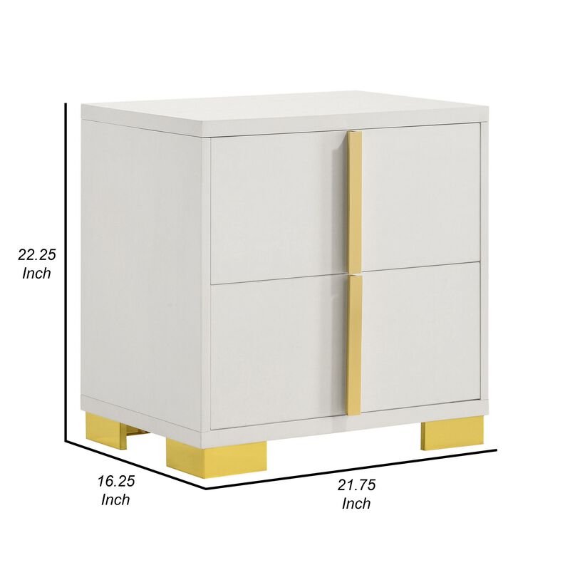 Dex 22 Inch Nightstand, 2 Drawers with Long Vertical Gold Handles, White - Benzara
