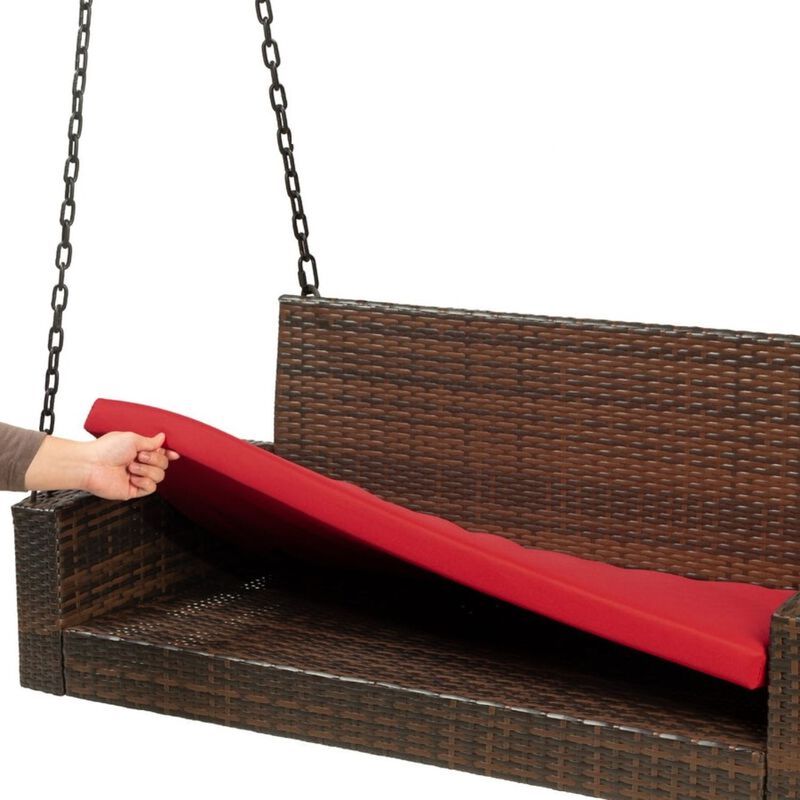 Hivvago Brown Wicker Hanging Patio Porch Swing Bench w/ Mounting Chains and Red Seat Cushion