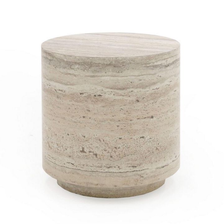 Benjara Lia 18 Inch End Table, Round Travertine Stone Finish Laminated Top, Natural Gray
