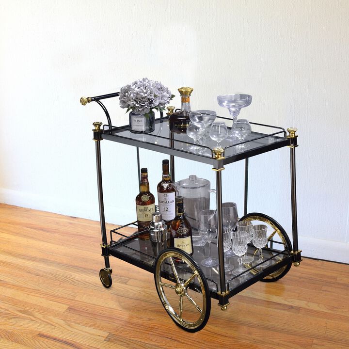 Metal Framed Serving Cart with Glass Shelves and Side Handle, Black and Gold - Benzara