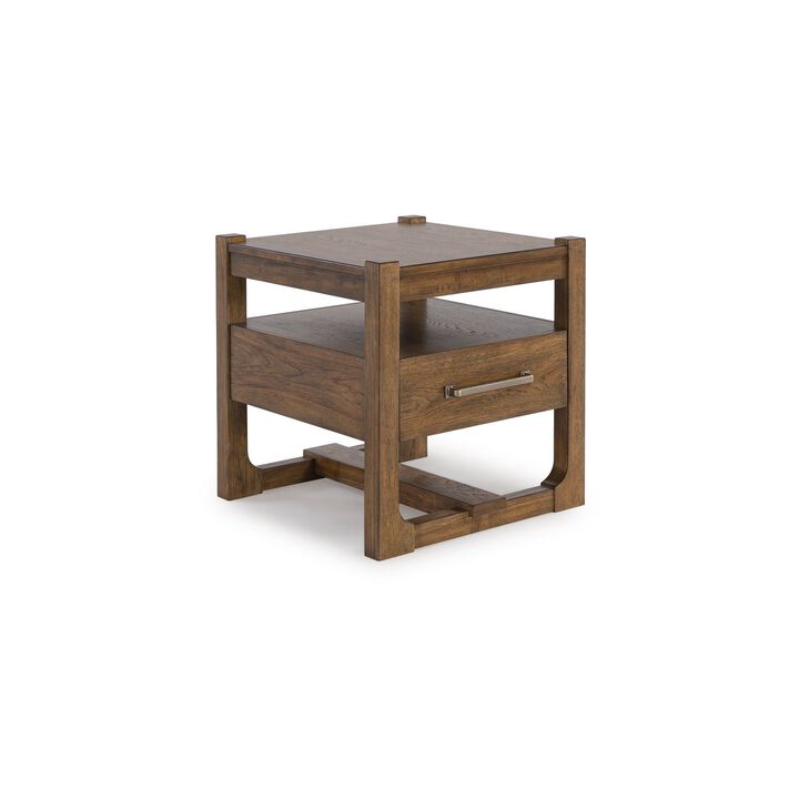 Cabal Square Side End Table, Drawer, Shelf, Light Brown Wood, 24 Inch - Benzara