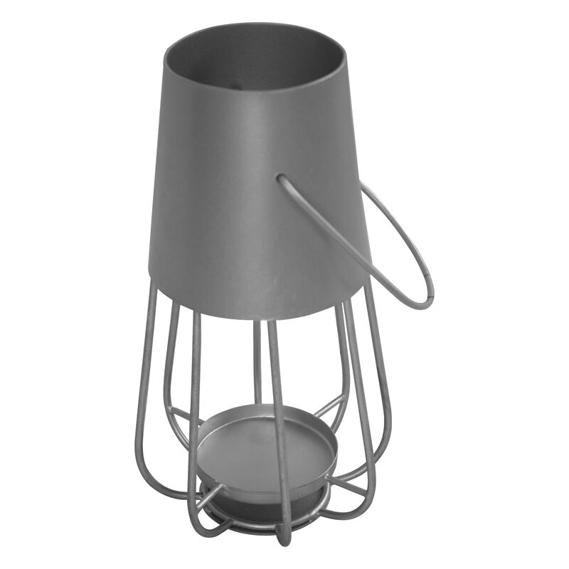 Ambient 12 Inch Vintage Style Iron Candle Stand Lantern, Sleek Curved Handle, Metallic Silver-Benzara