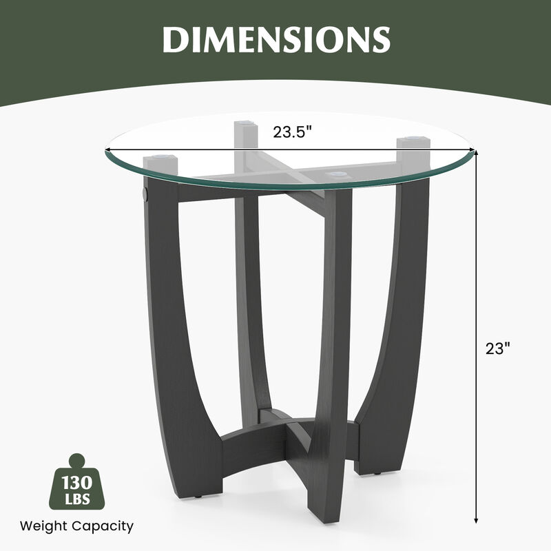 Round End Side Table with Tempered Glass Top for Living Room or Bedroom
