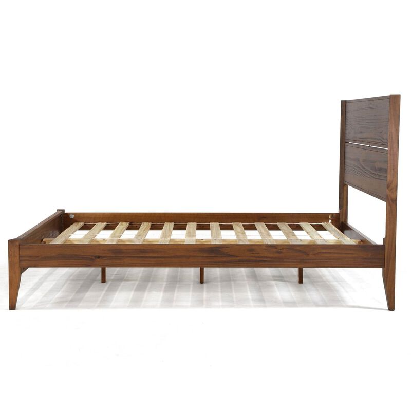 Hivvago Full Size Rustic Walnut Mid Century Slatted Platform Bed